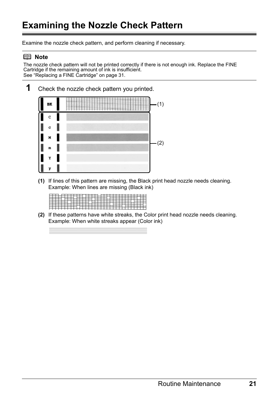 Examining the nozzle check pattern | Canon PIXMA iP2600 User Manual | Page 25 / 72