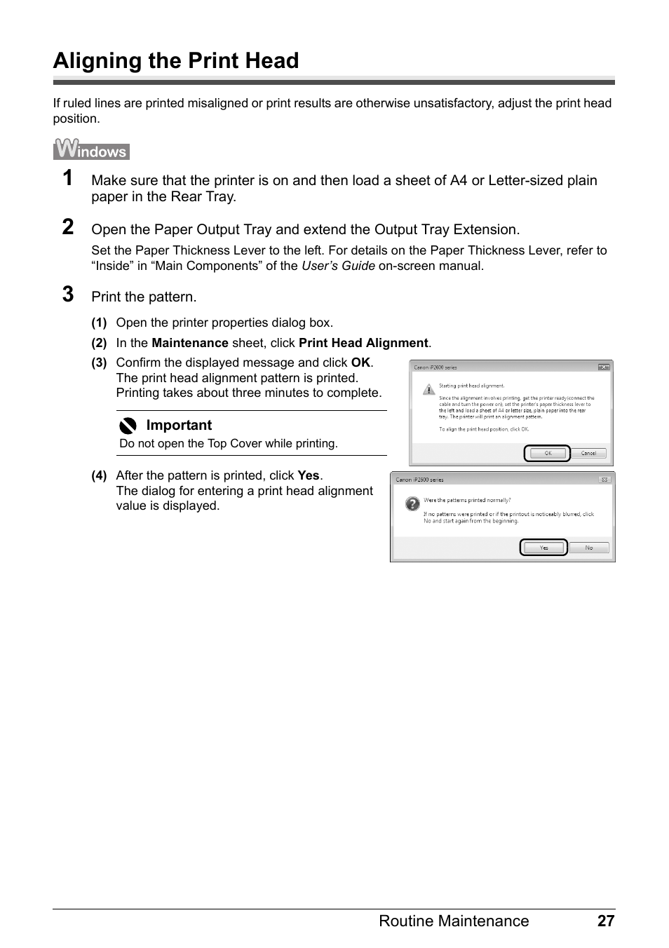 Aligning the print head | Canon PIXMA iP2600 User Manual | Page 31 / 72