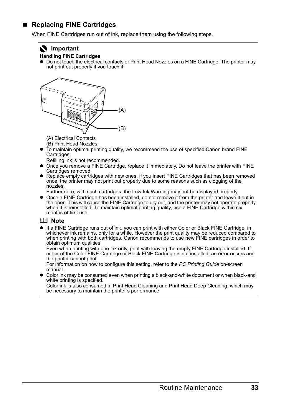 33 routine maintenance  replacing fine cartridges | Canon PIXMA iP2600 User Manual | Page 37 / 72