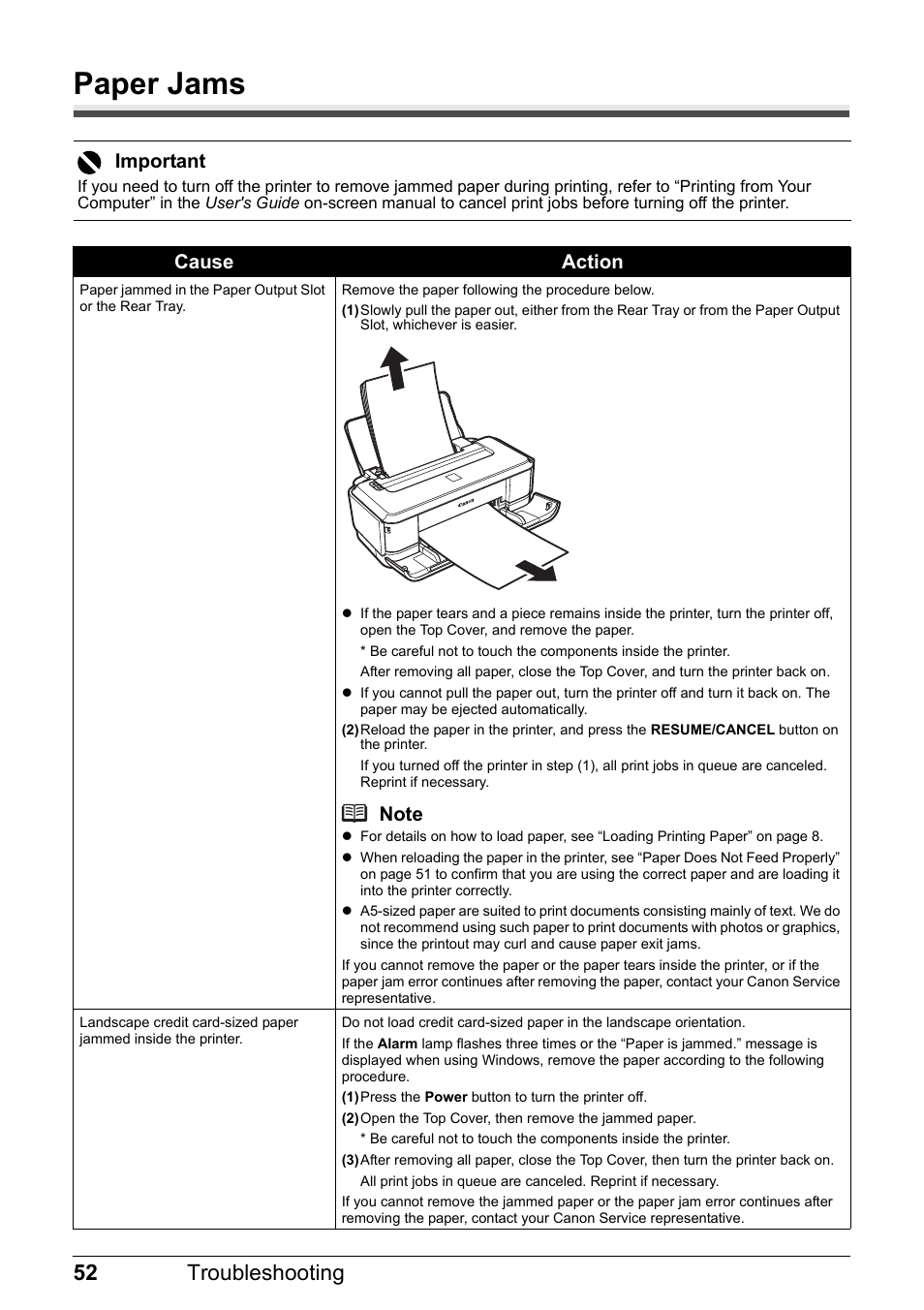 Paper jams, 52 troubleshooting, Important | Cause action | Canon PIXMA iP2600 User Manual | Page 56 / 72