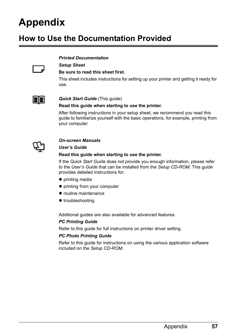 Appendix, How to use the documentation provided | Canon PIXMA iP2600 User Manual | Page 61 / 72