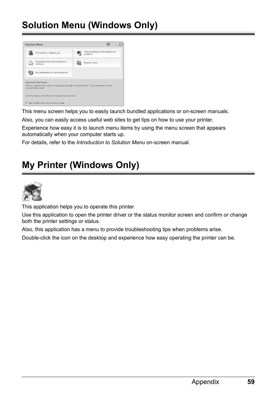 Solution menu (windows only), My printer (windows only) | Canon PIXMA iP2600 User Manual | Page 63 / 72