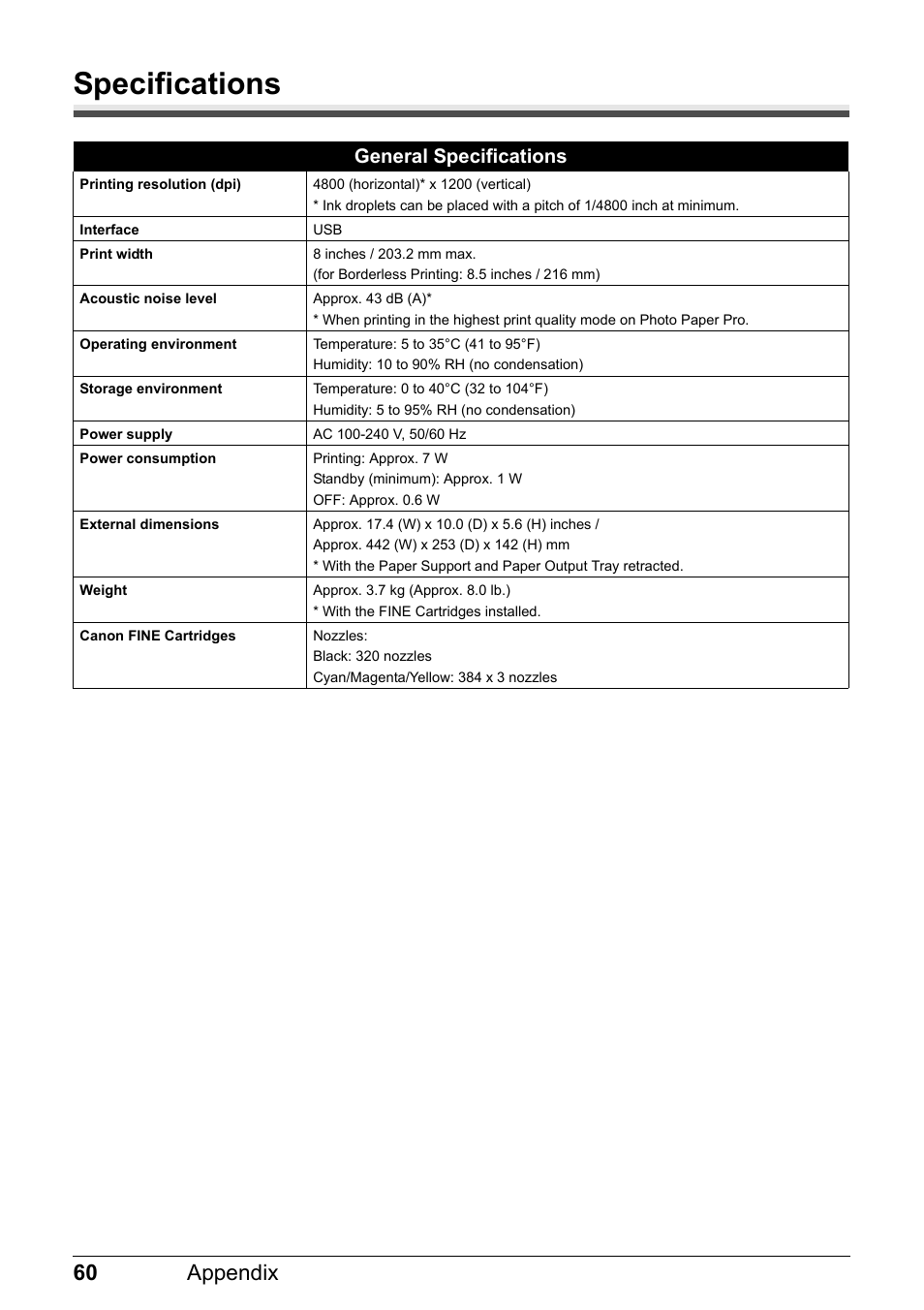 Specifications, 60 appendix, General specifications | Canon PIXMA iP2600 User Manual | Page 64 / 72