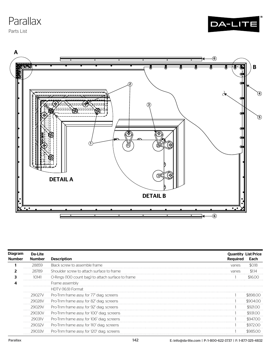 Fixed frame screens, Parallax, Ab detail a detail b | Da-Lite 37989KIT Motor Drive Wheel Kit (120 VAC) User Manual | Page 142 / 250