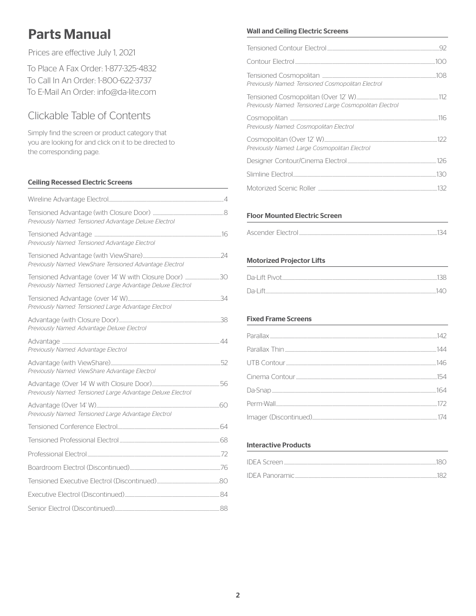 Parts manual, Clickable table of contents | Da-Lite 37989KIT Motor Drive Wheel Kit (120 VAC) User Manual | Page 2 / 250