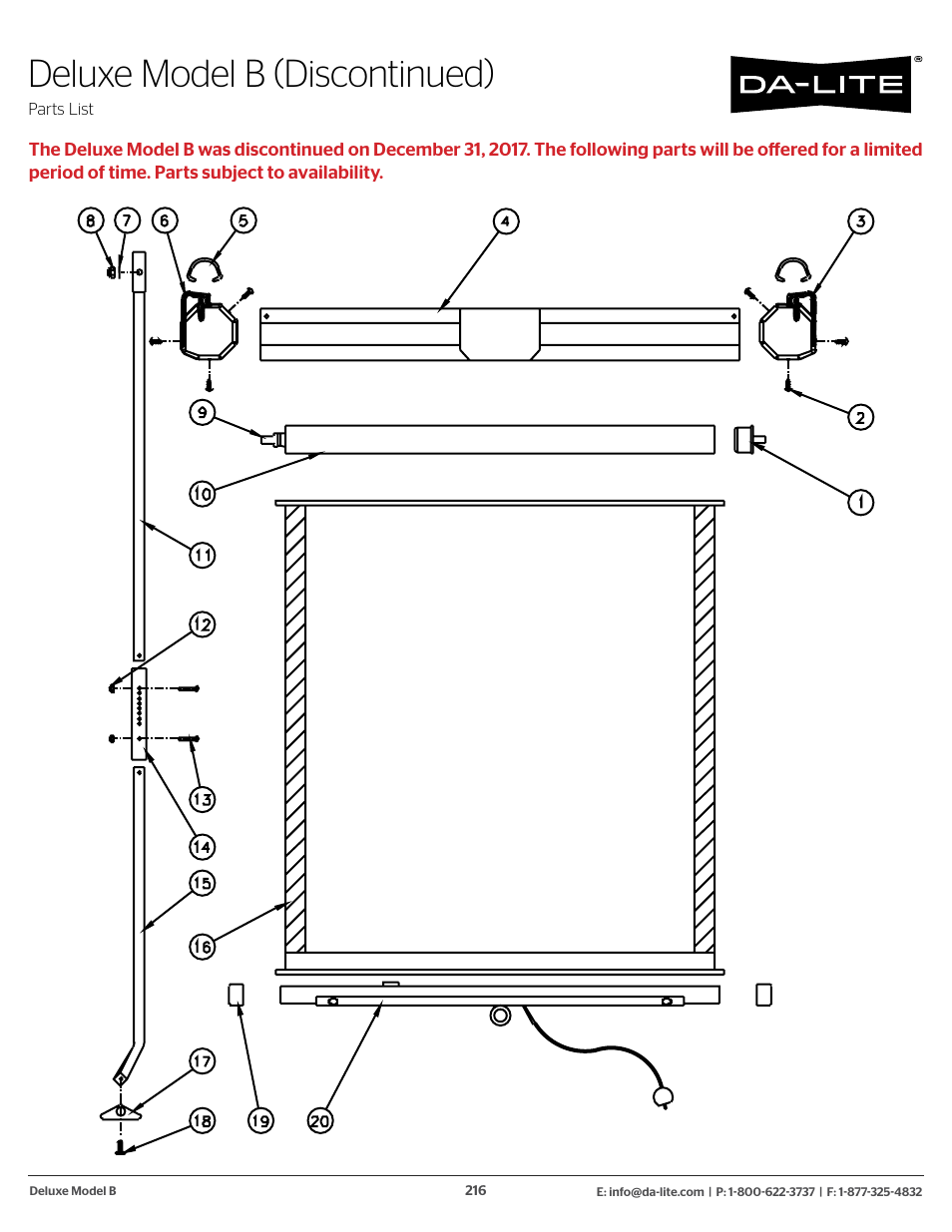 Deluxe model b (discontinued) | Da-Lite 37989KIT Motor Drive Wheel Kit (120 VAC) User Manual | Page 216 / 250