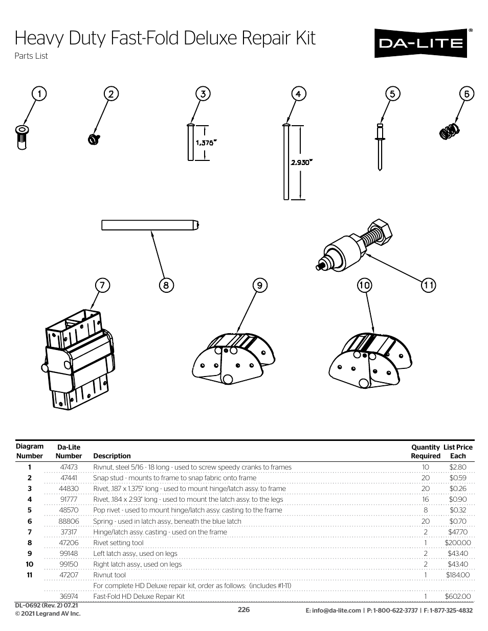 Heavy duty fast-fold deluxe repair kit | Da-Lite 37989KIT Motor Drive Wheel Kit (120 VAC) User Manual | Page 226 / 250