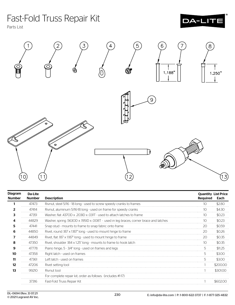 Fast-fold truss repair kit | Da-Lite 37989KIT Motor Drive Wheel Kit (120 VAC) User Manual | Page 230 / 250