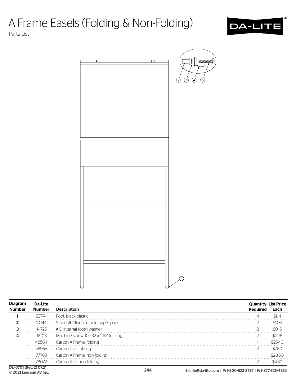 A-frame easels (folding & non-folding) | Da-Lite 37989KIT Motor Drive Wheel Kit (120 VAC) User Manual | Page 244 / 250