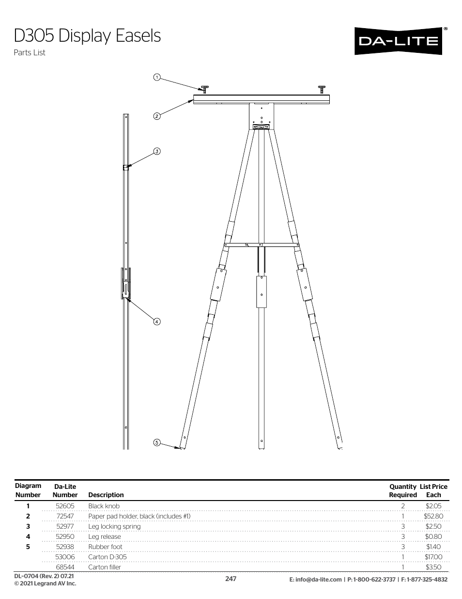 D305 display easels | Da-Lite 37989KIT Motor Drive Wheel Kit (120 VAC) User Manual | Page 247 / 250