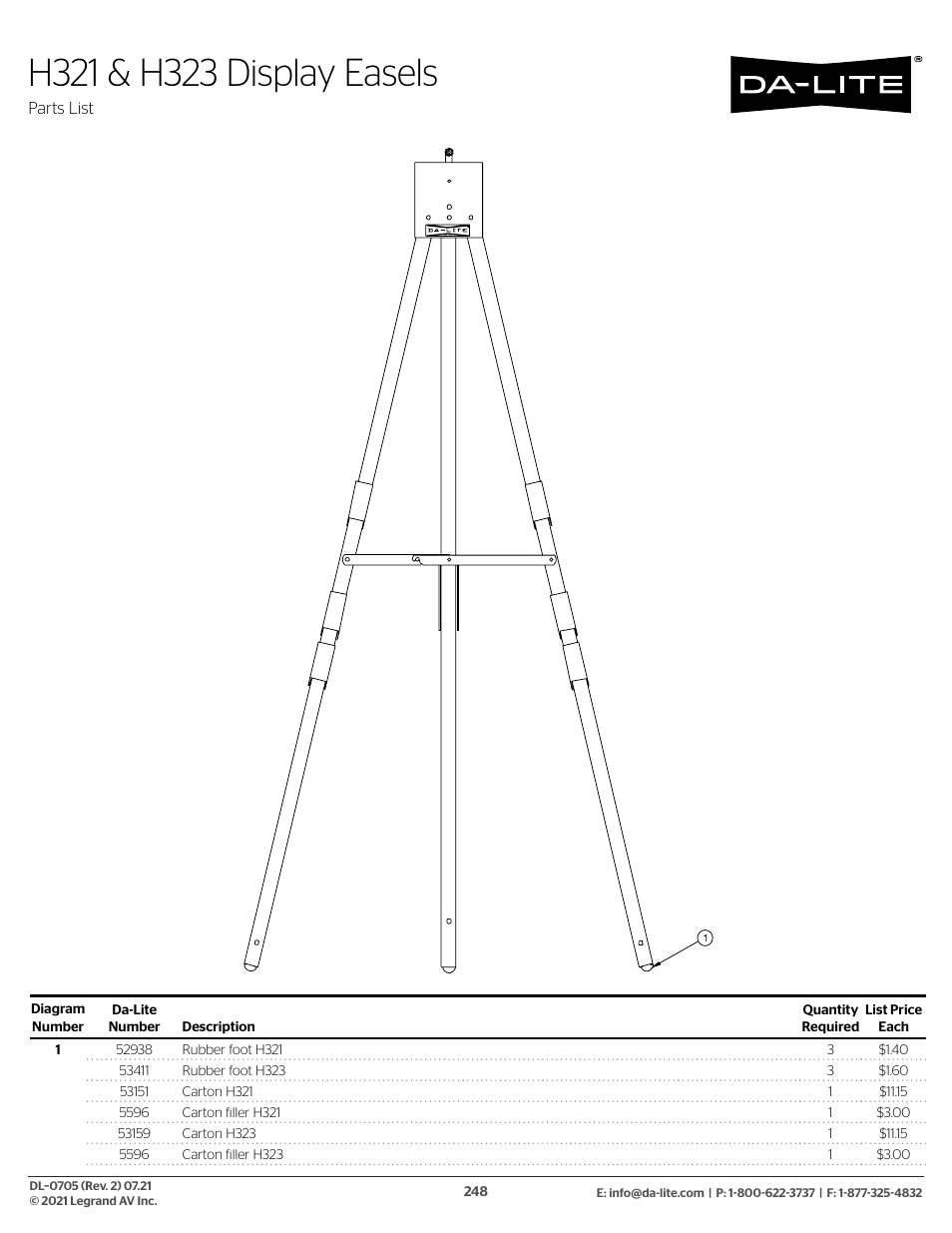 H321 & h323 display easels | Da-Lite 37989KIT Motor Drive Wheel Kit (120 VAC) User Manual | Page 248 / 250