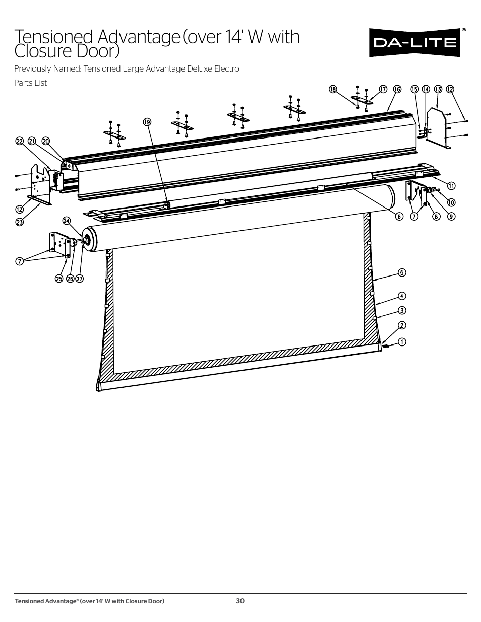 Tensioned advantage (over 14' w with closure door), Tensioned advantage, Over 14' w with closure door) | Da-Lite 37989KIT Motor Drive Wheel Kit (120 VAC) User Manual | Page 30 / 250