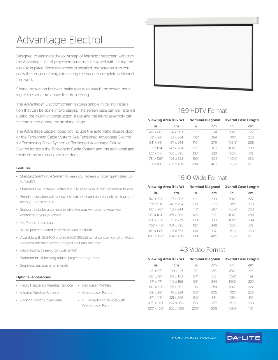 Da-Lite 84256LS Advantage Electrol Motorized Projection Screen (84 x 84") User Manual | 2 pages