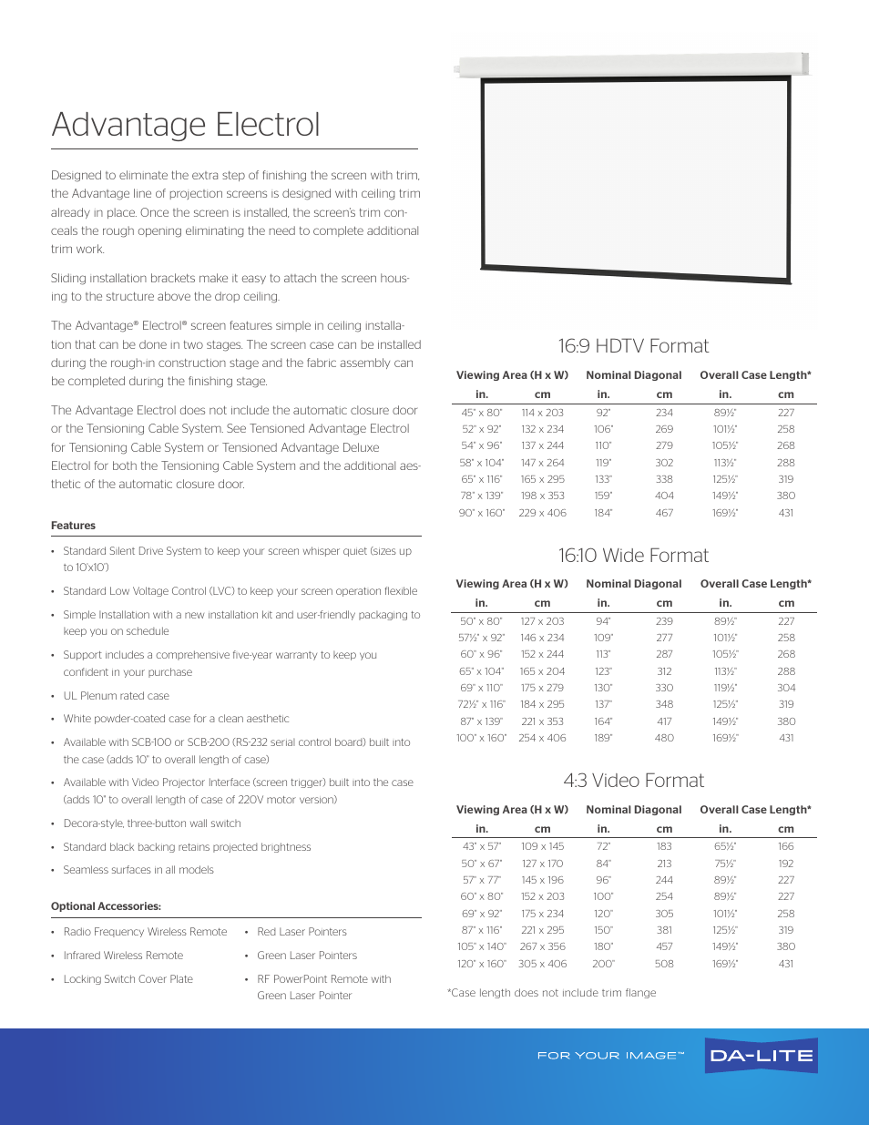 Da-Lite 92619LS Advantage Electrol 65 x 116" Ceiling-Recessed Motorized Screen (120V) User Manual | 2 pages