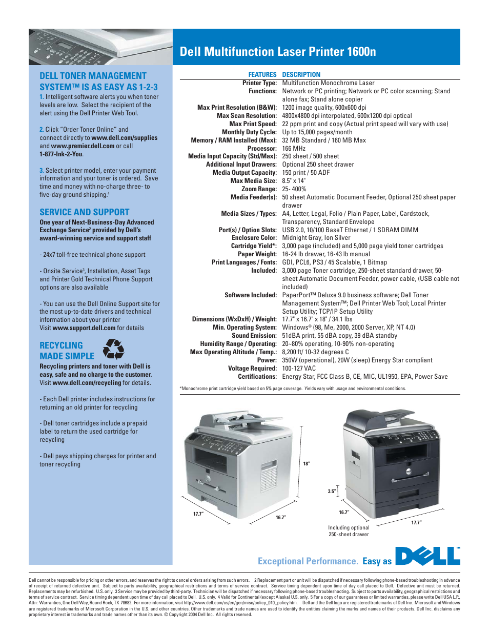 Dell multifunction laser printer 1600n, Exceptional performance. easy as, Dell toner management system™ is as easy as 1-2-3 | Service and support, Recycling made simple | Dell 1600n User Manual | Page 2 / 2