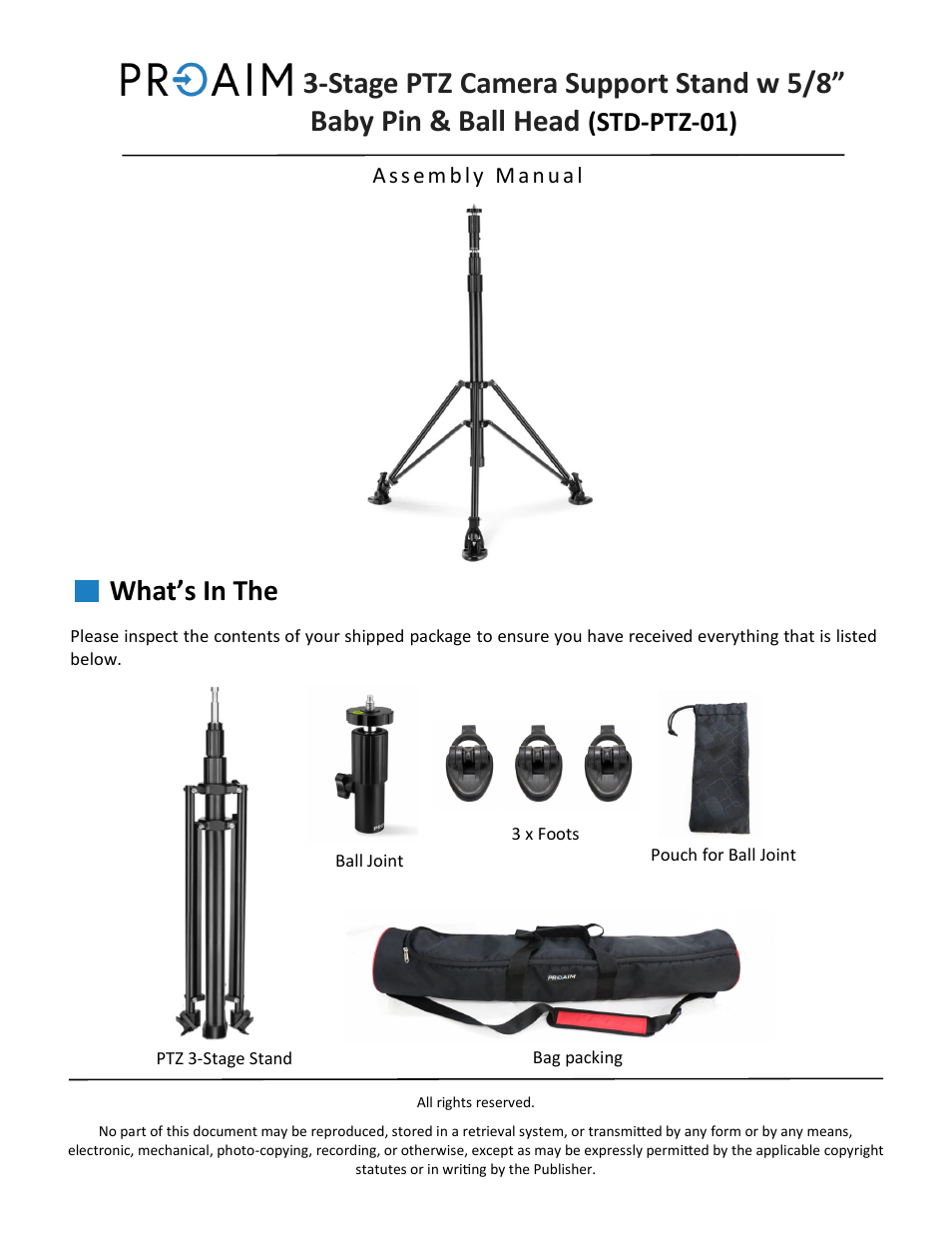 Proaim 3-Stage PTZ Camera Support Stand with 5/8" Baby-Pin & Ball Head User Manual | 4 pages