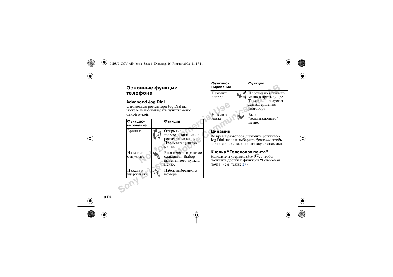 Основные функции телефона, Advanced jog dial динамик кнопка “голосовая почта | Sony CMD-Z7 User Manual | Page 8 / 68