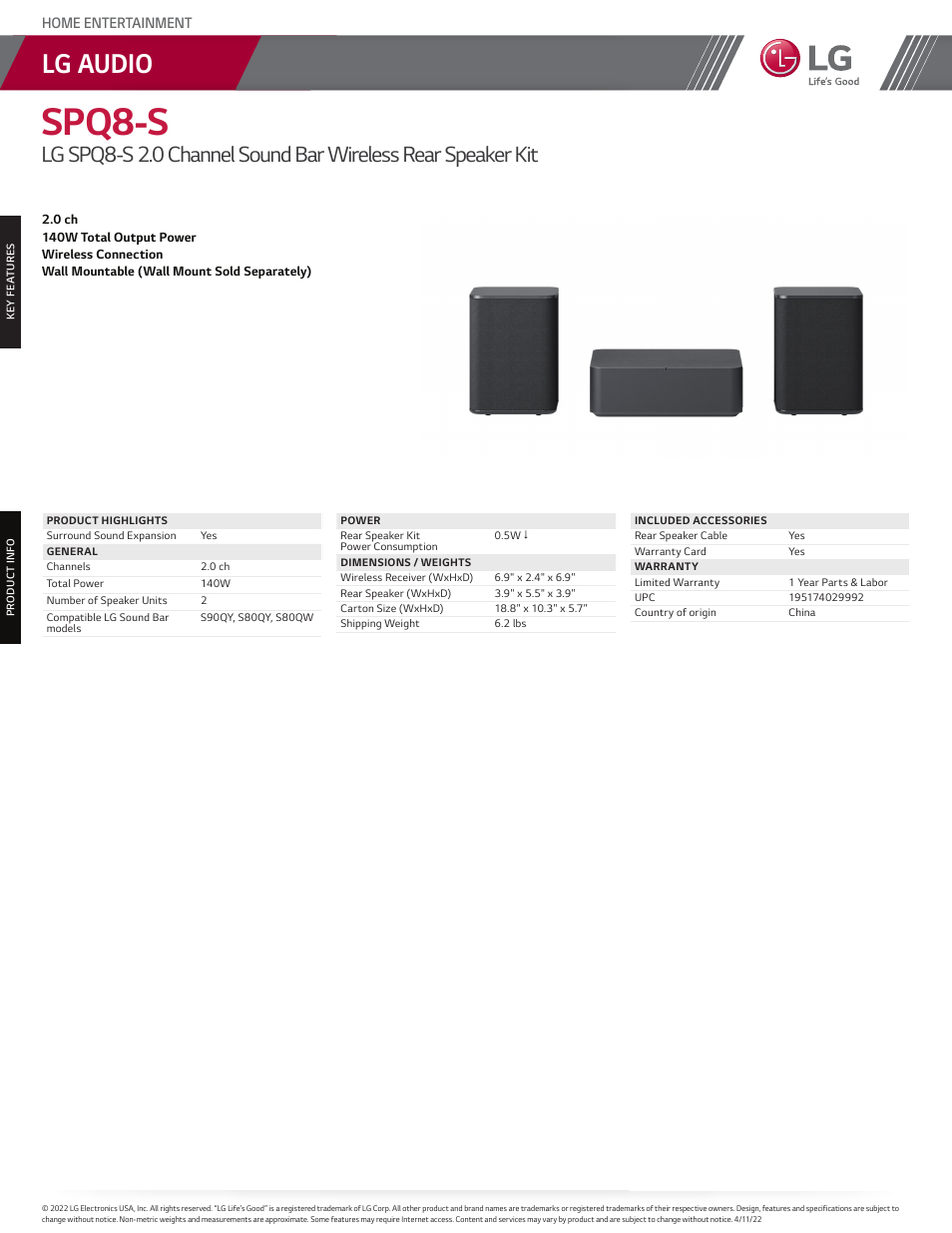 LG SPQ8-S Wireless Surround Speakers for S80/S90 Series Soundbars User Manual | 1 page