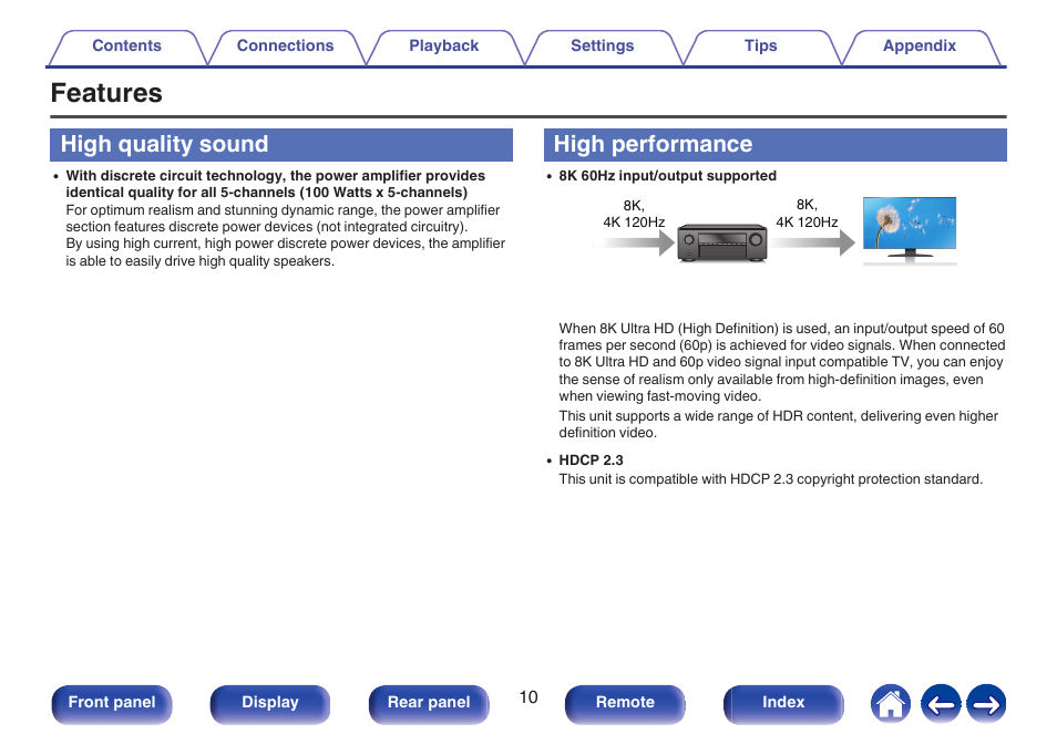 Features, High quality sound, High performance | Denon AVR-S660H 5.2-Channel Network A/V Receiver User Manual | Page 10 / 242