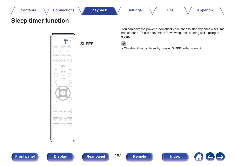 Sleep timer function, P. 107), This lights when the sleep mode is selected | Sleep | Denon AVR-S660H 5.2-Channel Network A/V Receiver User Manual | Page 107 / 242