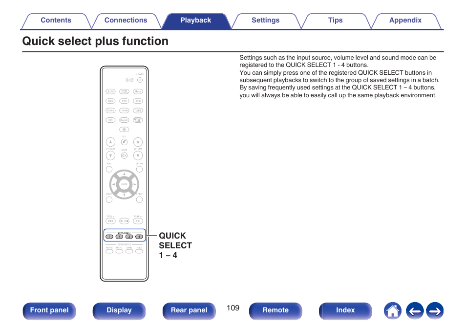 Quick select plus function, Volume level and sound mode settings, P. 109) | Denon AVR-S660H 5.2-Channel Network A/V Receiver User Manual | Page 109 / 242