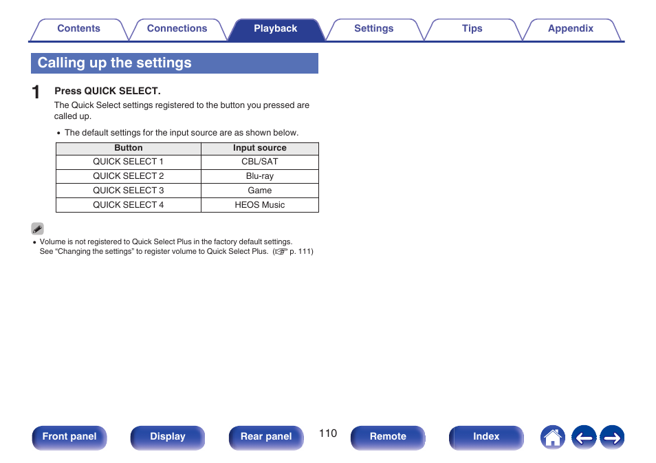 Calling up the settings | Denon AVR-S660H 5.2-Channel Network A/V Receiver User Manual | Page 110 / 242