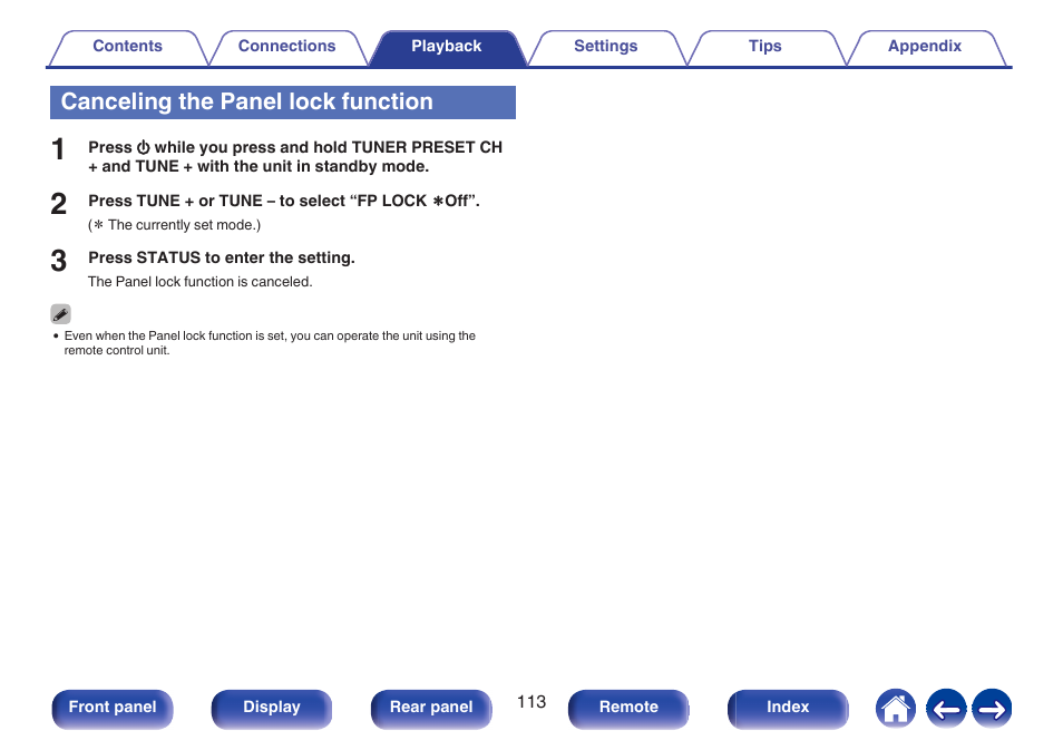 Canceling the panel lock function | Denon AVR-S660H 5.2-Channel Network A/V Receiver User Manual | Page 113 / 242