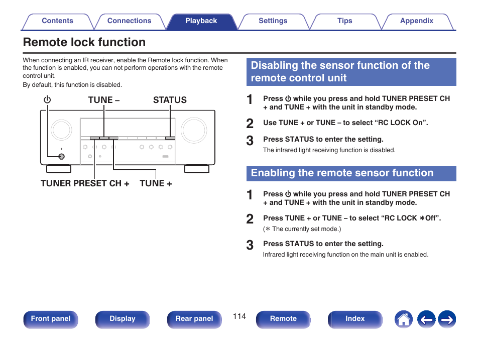 Remote lock function, Enabling the remote sensor function | Denon AVR-S660H 5.2-Channel Network A/V Receiver User Manual | Page 114 / 242