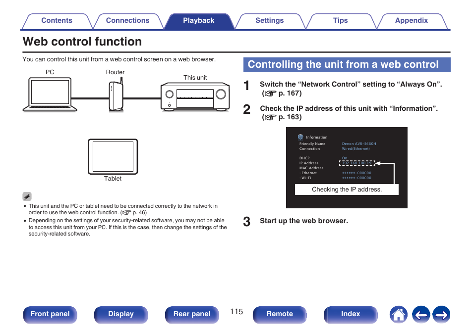 Web control function, Controlling the unit from a web control | Denon AVR-S660H 5.2-Channel Network A/V Receiver User Manual | Page 115 / 242