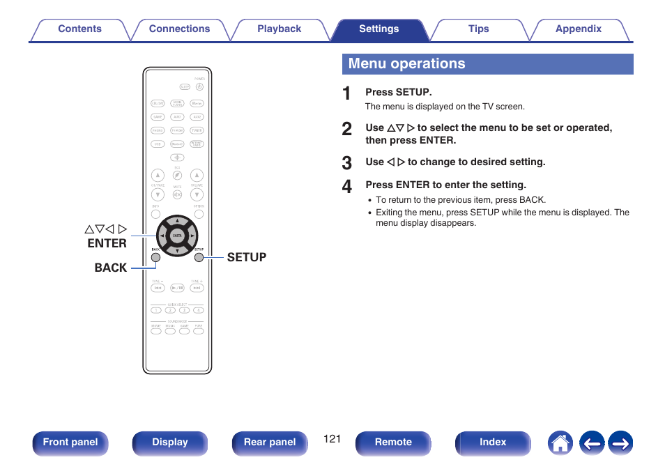 Menu operations, P. 121) | Denon AVR-S660H 5.2-Channel Network A/V Receiver User Manual | Page 121 / 242