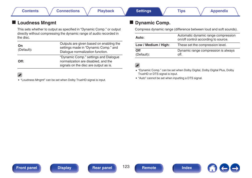 Oloudness mngmt, Odynamic comp | Denon AVR-S660H 5.2-Channel Network A/V Receiver User Manual | Page 123 / 242