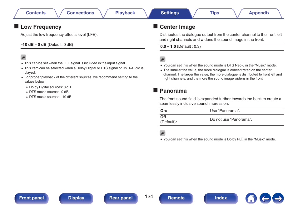 Olow frequency, Ocenter image, Opanorama | Denon AVR-S660H 5.2-Channel Network A/V Receiver User Manual | Page 124 / 242