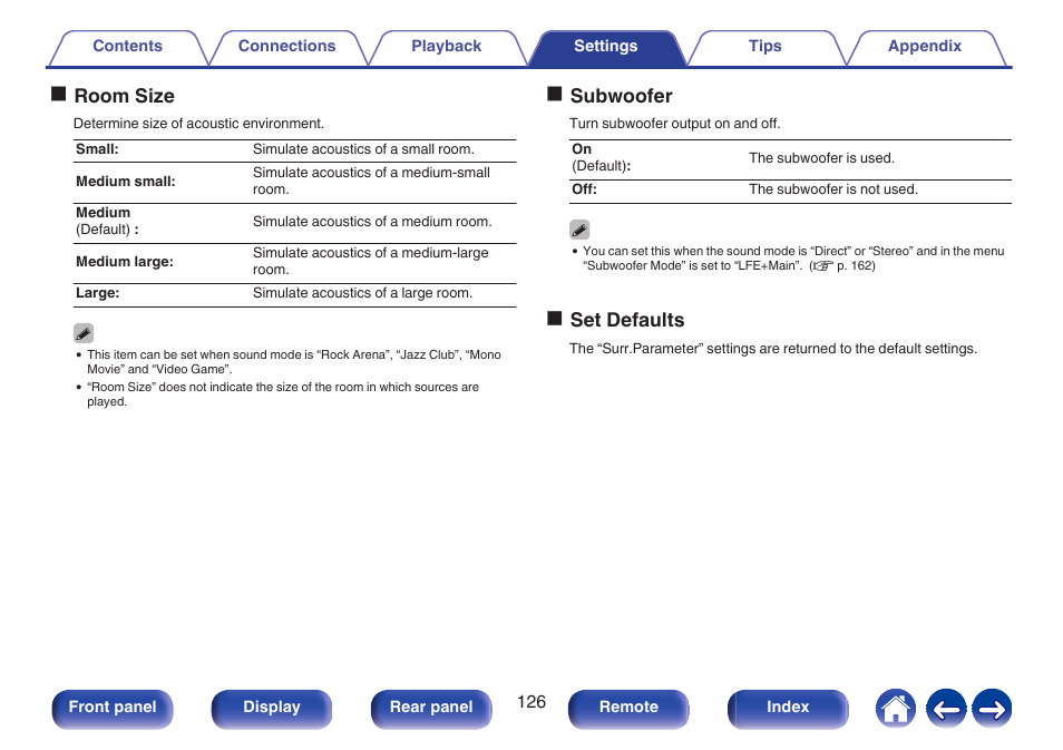 Oroom size, Osubwoofer, Oset defaults | Denon AVR-S660H 5.2-Channel Network A/V Receiver User Manual | Page 126 / 242