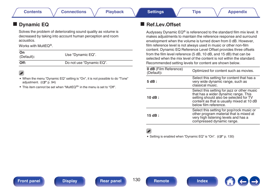 P. 130), Dynamic eq, Odynamic eq | Oref.lev.offset | Denon AVR-S660H 5.2-Channel Network A/V Receiver User Manual | Page 130 / 242