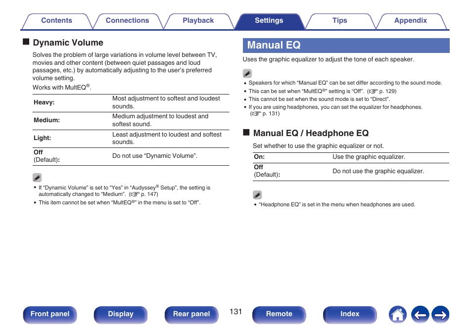 Manual eq, Dynamic volume, P. 131) | Odynamic volume, Omanual eq / headphone eq | Denon AVR-S660H 5.2-Channel Network A/V Receiver User Manual | Page 131 / 242