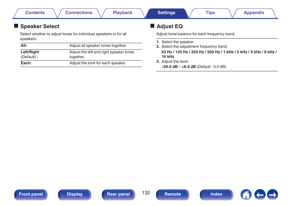 Ospeaker select, Oadjust eq | Denon AVR-S660H 5.2-Channel Network A/V Receiver User Manual | Page 132 / 242