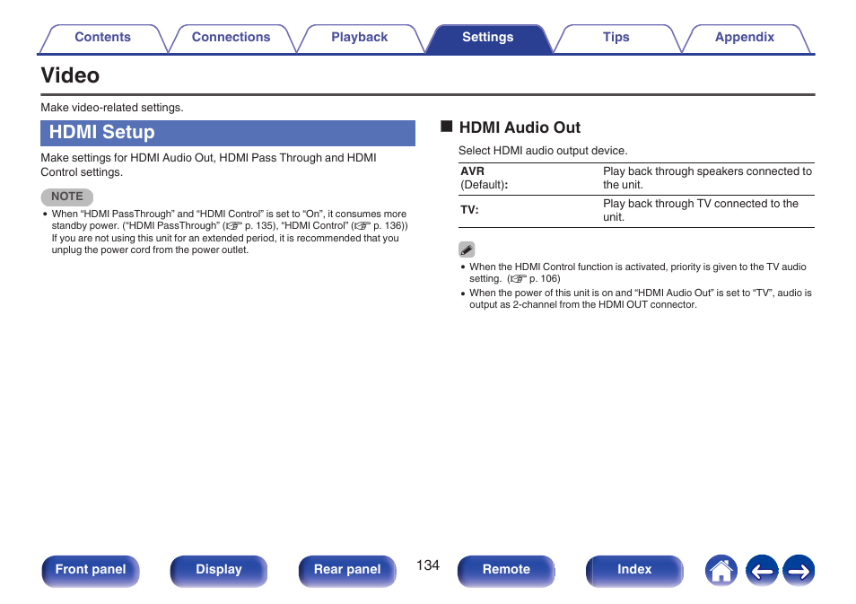 Video, Hdmi setup, To “tv | P. 134), Ohdmi audio out | Denon AVR-S660H 5.2-Channel Network A/V Receiver User Manual | Page 134 / 242