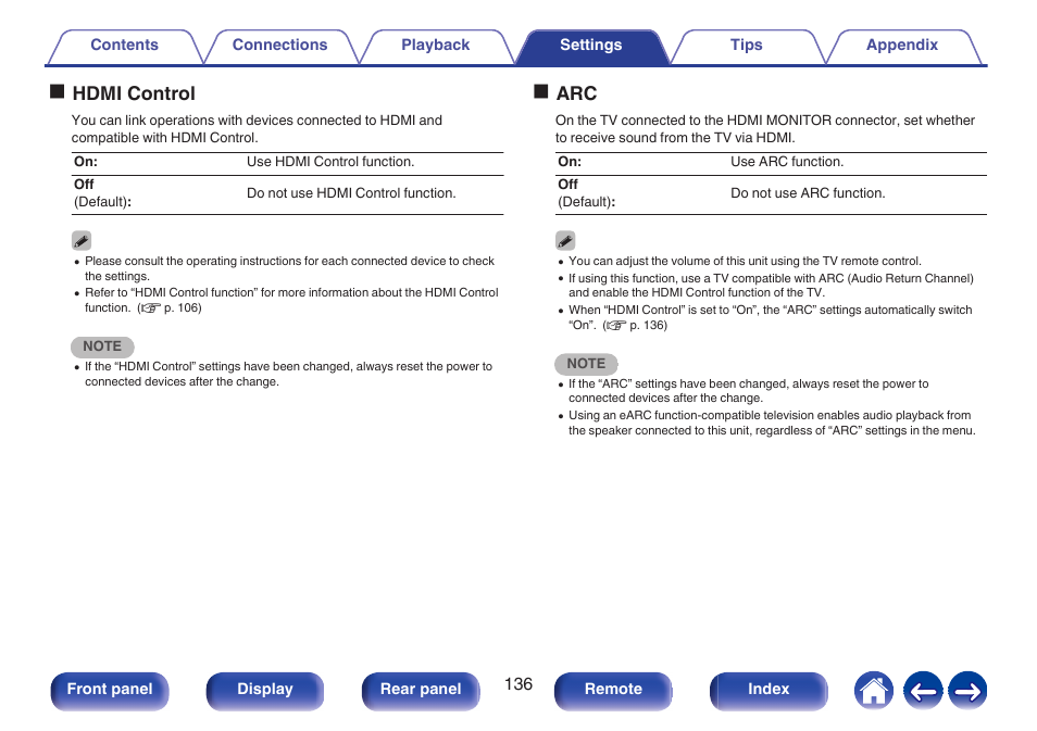 P. 136), When using a tv that supports the arc function, Set “hdmi control” to “on | P. 136)), Control, Ohdmi control, Oarc | Denon AVR-S660H 5.2-Channel Network A/V Receiver User Manual | Page 136 / 242