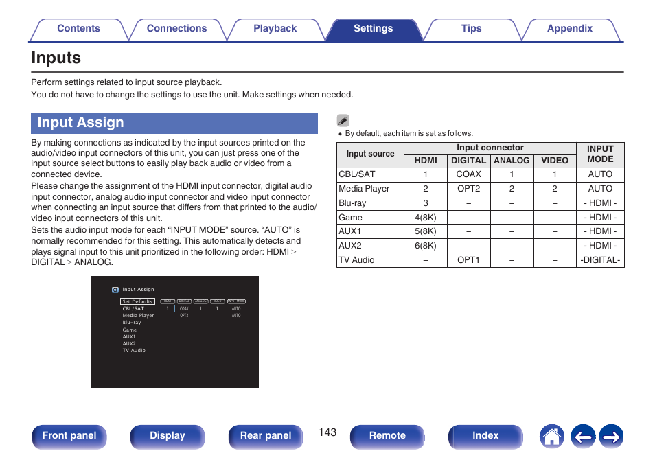 Inputs, Input assign, Assigned to the input connectors | P. 143) | Denon AVR-S660H 5.2-Channel Network A/V Receiver User Manual | Page 143 / 242