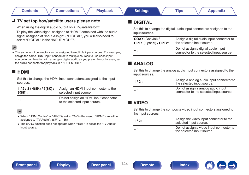 Standby, P. 144), Ohdmi | Odigital, Oanalog, Ovideo | Denon AVR-S660H 5.2-Channel Network A/V Receiver User Manual | Page 144 / 242