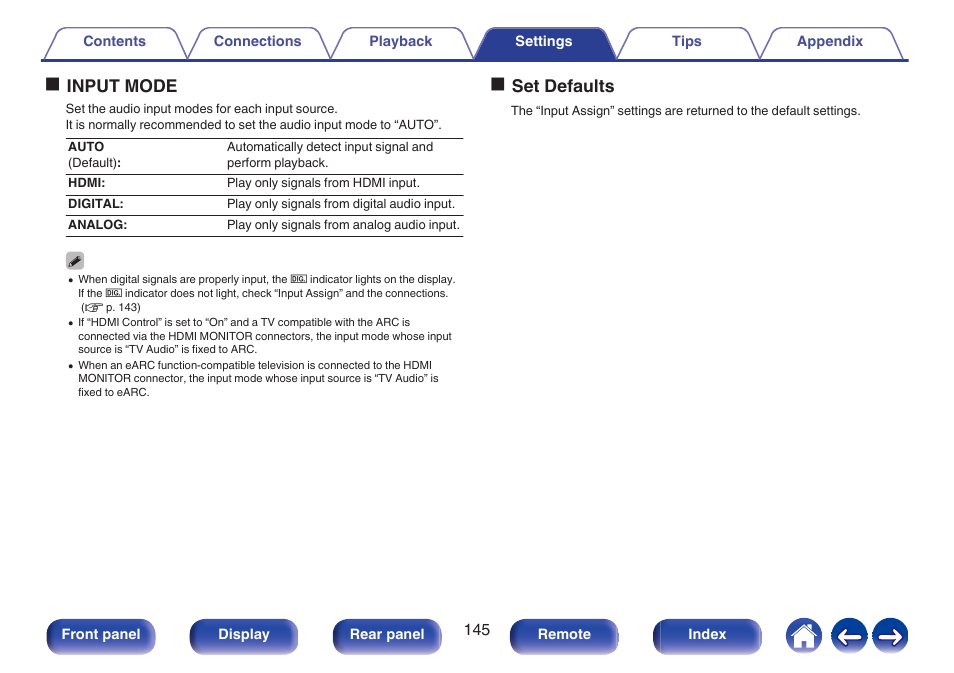 P. 145), Oinput mode, Oset defaults | Denon AVR-S660H 5.2-Channel Network A/V Receiver User Manual | Page 145 / 242