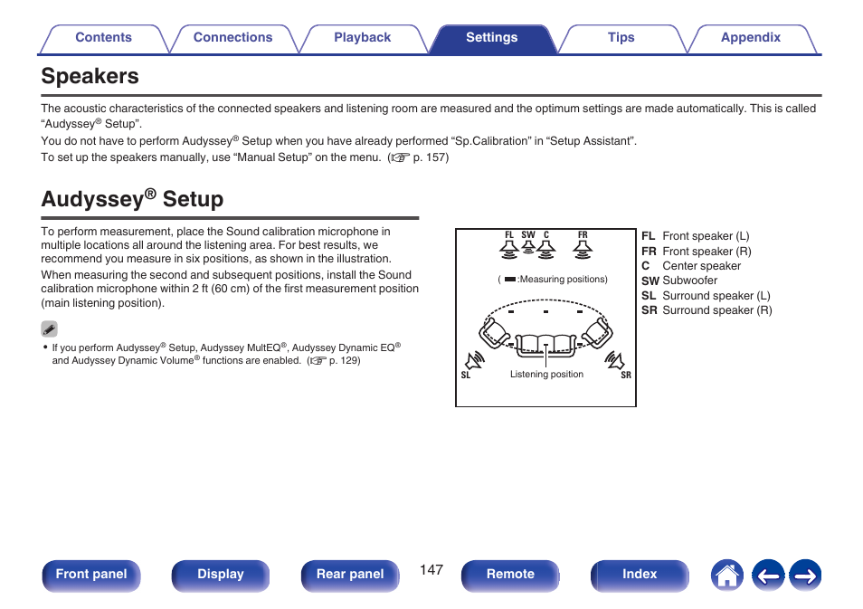 Speakers, Audyssey, Setup | Medium, P. 147) | Denon AVR-S660H 5.2-Channel Network A/V Receiver User Manual | Page 147 / 242