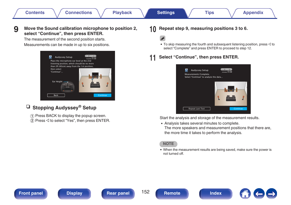 Nstopping audyssey, Setup | Denon AVR-S660H 5.2-Channel Network A/V Receiver User Manual | Page 152 / 242