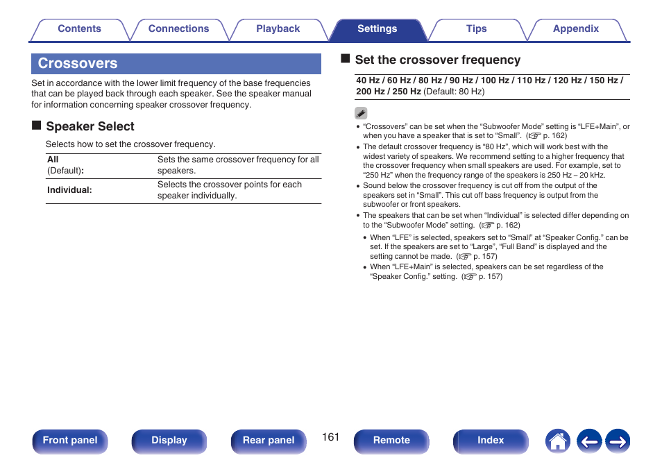 Crossovers, Ospeaker select, Oset the crossover frequency | Denon AVR-S660H 5.2-Channel Network A/V Receiver User Manual | Page 161 / 242