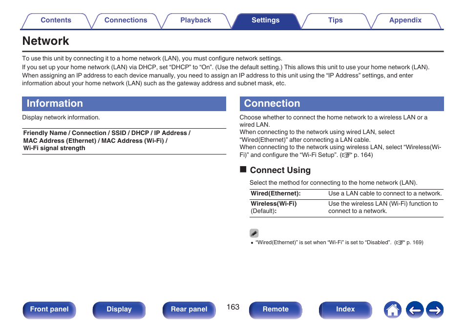 Network, Information, Connection | Ip address, etc. in “network, P. 163), Oconnect using | Denon AVR-S660H 5.2-Channel Network A/V Receiver User Manual | Page 163 / 242