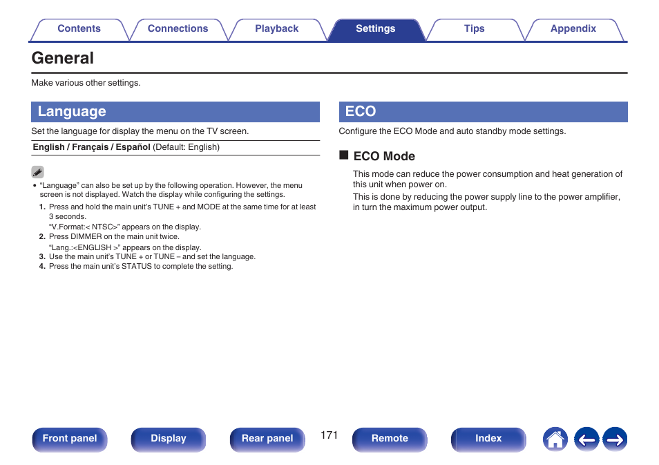 General, Language, This switches to eco mode | P. 171), Oeco mode | Denon AVR-S660H 5.2-Channel Network A/V Receiver User Manual | Page 171 / 242