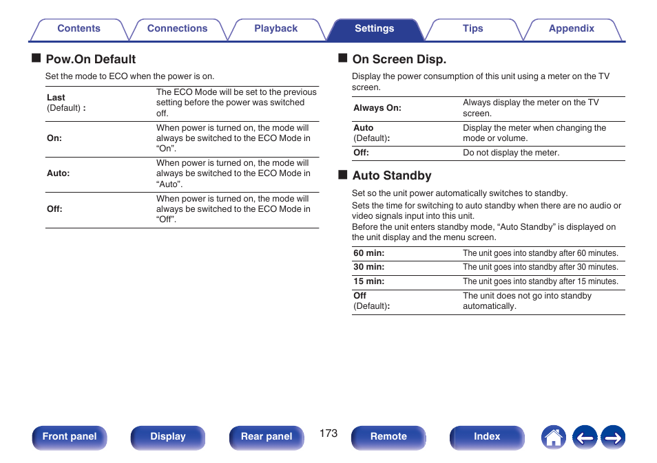 Opow.on default, Oon screen disp, Oauto standby | Denon AVR-S660H 5.2-Channel Network A/V Receiver User Manual | Page 173 / 242