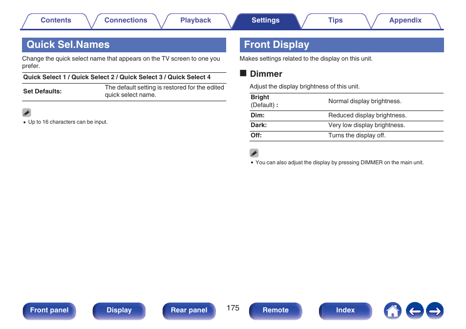 Quick sel.names, Front display, P. 175) | Odimmer | Denon AVR-S660H 5.2-Channel Network A/V Receiver User Manual | Page 175 / 242