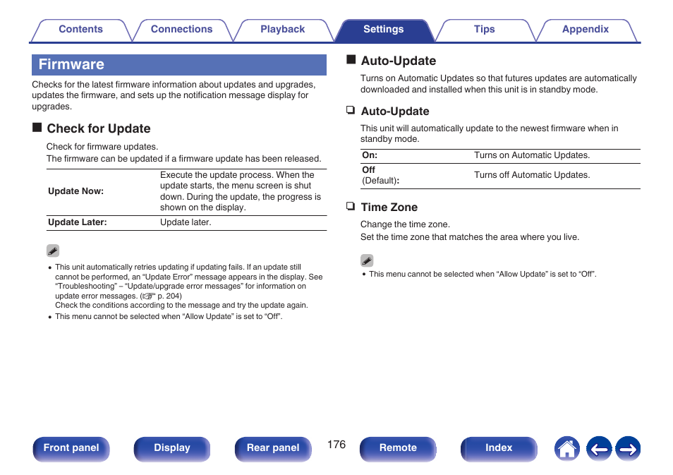 Firmware, Ocheck for update, Oauto-update | Denon AVR-S660H 5.2-Channel Network A/V Receiver User Manual | Page 176 / 242