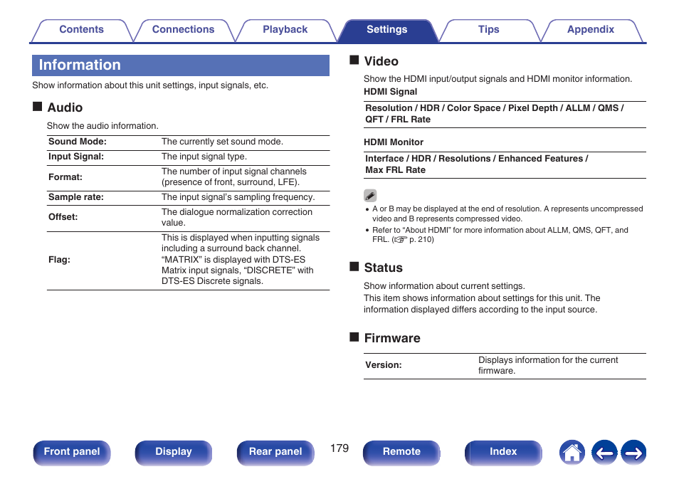 Information, Oaudio, Ovideo | Ostatus, Ofirmware | Denon AVR-S660H 5.2-Channel Network A/V Receiver User Manual | Page 179 / 242